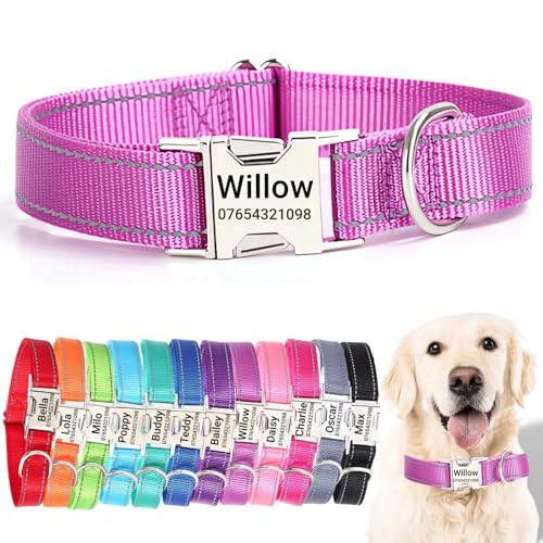 SEOUGEE Hundehalsband mit gravierter Metallschnalle, reflektierendes Nylon-Halsband für kleine, mittelgroße und große Hunde mit individuellem Namensschild, Telefonnummer (lila, S: Halsumfang 30–40 cm, von SEOUGEE