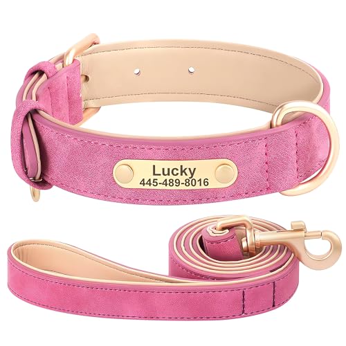 SEOUGEE Hundehalsband und Leine, Leder, personalisierbar, weich gepolstert, strapazierfähig, mit individuellem Namensschild, verstellbar für kleine, mittelgroße und große Hunde (L, Rose 35–45 cm) von SEOUGEE