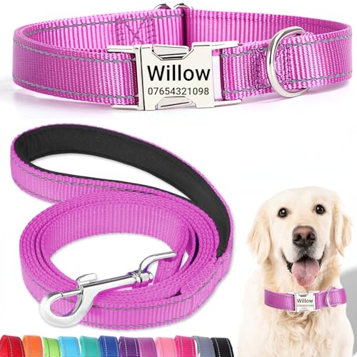 SEOUGEE Hundehalsband und Leine, Set mit gravierter Metallschnalle, reflektierenden Nylon-Hundehalsbändern und Leine für große Hunde mit individuellem Namensschild, Telefonnummer (Lila, L: Halsumfang von SEOUGEE