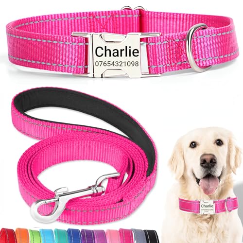 SEOUGEE Hundehalsband und Leine, Set mit gravierter Metallschnalle, reflektierenden Nylon-Hundehalsbändern und Leine für große Hunde mit individuellem Namensschild, Telefonnummer (Rosenrot, Größe XL: von SEOUGEE