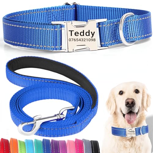 SEOUGEE Hundehalsband und Leine, Set mit gravierter Metallschnalle, reflektierenden Nylon-Hundehalsbändern und Leine für große Hunde mit individuellem Namensschild, Telefonnummer (dunkelblaues Set, von SEOUGEE