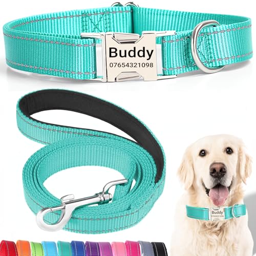 SEOUGEE Hundehalsband und Leine, Set mit gravierter Metallschnalle, reflektierenden Nylon-Hundehalsbändern und Leine für große Hunde mit individuellem Namensschild, Telefonnummer (dunkelgrün, L: von SEOUGEE