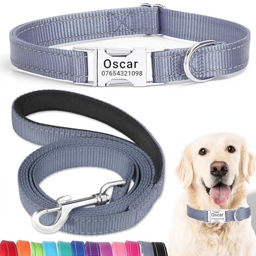 SEOUGEE Hundehalsband und Leine, Set mit gravierter Metallschnalle, reflektierenden Nylon-Hundehalsbändern und Leine für große Hunde mit individuellem Namensschild, Telefonnummer (graues Set, L: von SEOUGEE