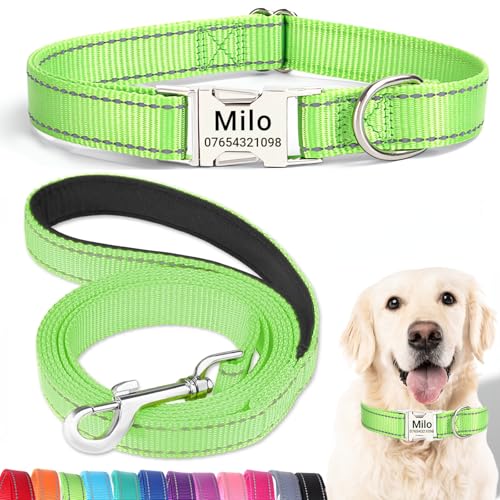 SEOUGEE Hundehalsband und Leine, Set mit gravierter Metallschnalle, reflektierenden Nylon-Hundehalsbändern und Leine für große Hunde mit individuellem Namensschild, Telefonnummer (grünes Set, L: von SEOUGEE