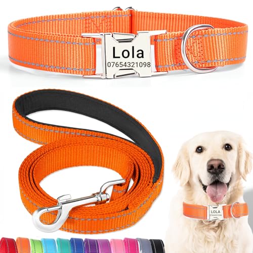 SEOUGEE Hundehalsband und Leine, Set mit gravierter Metallschnalle, reflektierenden Nylon-Hundehalsbändern und Leine für große Hunde mit individuellem Namensschild, Telefonnummer (orangefarbenes Set, von SEOUGEE