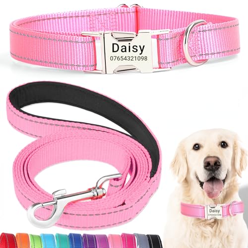 SEOUGEE Hundehalsband und Leine, Set mit gravierter Metallschnalle, reflektierenden Nylon-Hundehalsbändern und Leine für große Hunde mit individuellem Namensschild, Telefonnummer (pinkfarbenes Set, von SEOUGEE