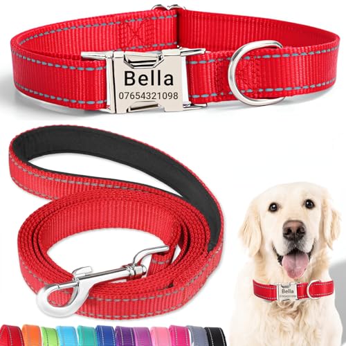 SEOUGEE Hundehalsband und Leine, Set mit gravierter Metallschnalle, reflektierenden Nylon-Hundehalsbändern und Leine für große Hunde mit individuellem Namensschild, Telefonnummer (rotes Set, L: von SEOUGEE