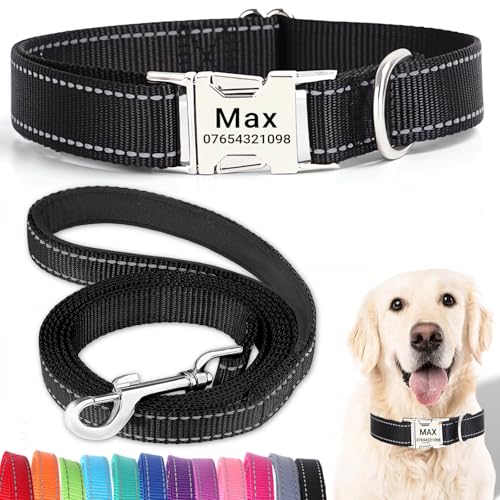 SEOUGEE Hundehalsband und Leine, Set mit gravierter Metallschnalle, reflektierenden Nylon-Hundehalsbändern und Leine für kleine Hunde mit individuellem Namensschild, Telefonnummer (schwarzes Set, S: von SEOUGEE