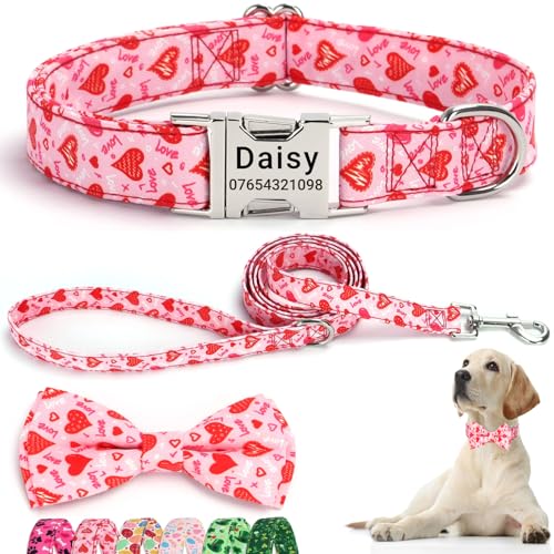 SEOUGEE Hundehalsband zum Valentinstag, personalisierbar mit Fliege und Leine, verstellbare Hundehalsbänder und Leine aus Baumwolle, mit gravierter Metallschnalle für große Hunde (Liebesherzen-Set, L: von SEOUGEE