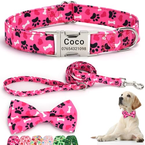 SEOUGEE Hundehalsband zum Valentinstag, personalisierbar mit Fliege und Leine, verstellbare Hundehalsbänder und Leine aus Baumwolle, mit gravierter Metallschnalle für große Hunde (rosa Pfoten-Set, L: von SEOUGEE