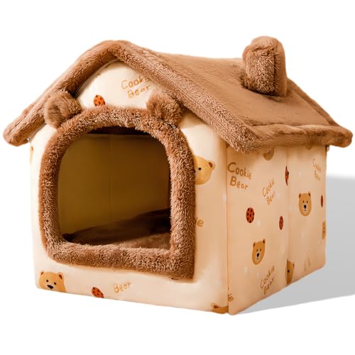 SEOUGEE Hundehaus, Tragbares Katzenhüttenbett Indoor mit abnehmbarem Kissen, 3 in 1 Waschbare Haustiere Beg Cave, Abnehmbar und Faltbar Rutschfest Warm für Indoor Haustiere Welpen Kätzchen Kaninchen (Braunbär, S) von SEOUGEE