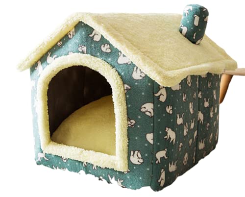 SEOUGEE Hundehaus, Tragbares Katzenhüttenbett Indoor mit abnehmbarem Kissen, 3 in 1 Waschbare Haustiere Beg Cave, Abnehmbar und Faltbar Rutschfest Warm für Indoor Haustiere Welpen Kätzchen Kaninchen (Grünes Bärenhaus, M) von SEOUGEE