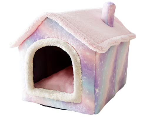 SEOUGEE Hundehaus, Tragbares Katzenhüttenbett Indoor mit abnehmbarem Kissen, 3 in 1 Waschbare Haustiere Beg Cave, Abnehmbar und Faltbar Rutschfest Warm für Indoor Haustiere Welpen Kätzchen Kaninchen (Rosa Sternenhimmel, L) von SEOUGEE