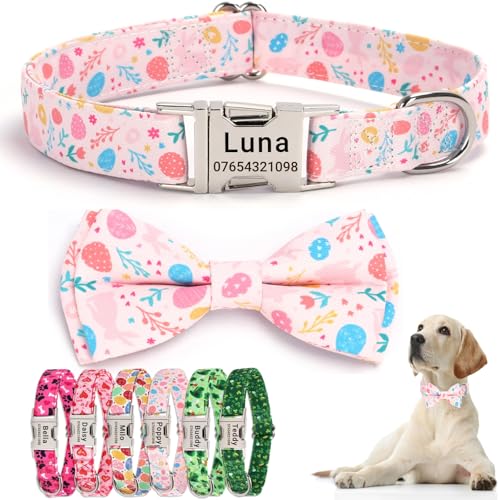 SEOUGEE Oster-Hundehalsband, personalisierbar mit Fliege, verstellbar, weiche Baumwolle, mit individuell gravierter Metallschnalle, Name, Telefonnummer für große Hunde, Hasenblüte, L: Halsumfang 40–60 von SEOUGEE