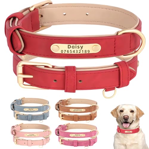 SEOUGEE Personalisiertes Hundehalsband aus Leder, weich gepolstert, strapazierfähig, mit individuellem Namensschild, verstellbar für kleine, mittelgroße und große Hunde (S, Purpurrot, 23–32 cm) von SEOUGEE