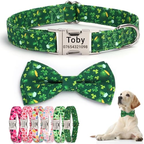 SEOUGEE St. Patrick's Day Hundehalsband, personalisierbar mit Fliege, verstellbar, weiche Baumwolle, mit individuell gravierter Metallschnalle, Name, Telefonnummer für große Hunde (Kleeblattgrün, L: von SEOUGEE