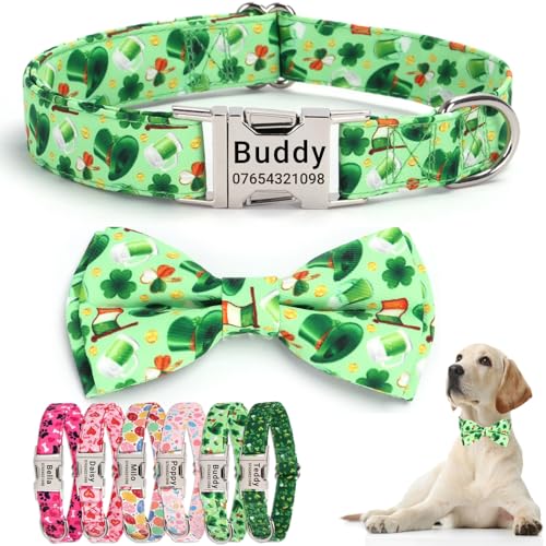 SEOUGEE St. Patrick's Day Hundehalsband, personalisierbar mit Fliege, verstellbar, weiche Baumwolle, mit individuell gravierter Metallschnalle, Name, Telefonnummer für kleine Hunde (Glücksklee, S: von SEOUGEE