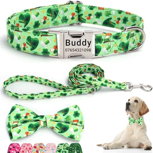 SEOUGEE St. Patrick's Day Hundehalsband, personalisierbar mit Fliege und Leine, verstellbare Hundehalsbänder und Leine aus Baumwolle, mit gravierter Metallschnalle für kleine Hunde (Glücksklee-Set, von SEOUGEE