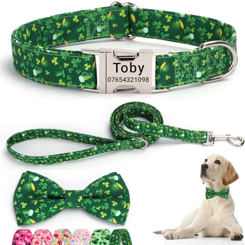 SEOUGEE St. Patrick's Day Hundehalsband, personalisierbar mit Fliege und Leine, verstellbare Hundehalsbänder und Leine aus Baumwolle, mit gravierter Metallschnalle für kleine Hunde (Kleeblattgrün, von SEOUGEE