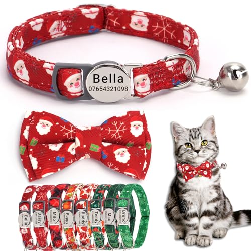 SEOUGEE Weihnachtliches Katzenhalsband, personalisierbar mit Fliege und Glocke, Schnellverschluss, verstellbares Sicherheits-Katzenhalsband, individuell graviertes Namensschild für Katzen, Kätzchen, von SEOUGEE