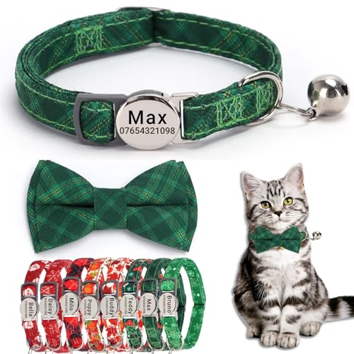 SEOUGEE Weihnachtliches Katzenhalsband, personalisierbar mit Fliege und Glocke, Schnellverschluss, verstellbares Sicherheits-Katzenhalsband, individuell graviertes Namensschild für Katzen, Kätzchen, von SEOUGEE