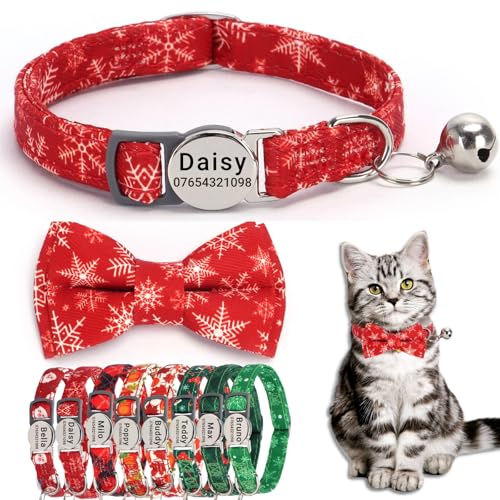 SEOUGEE Weihnachtliches Katzenhalsband, personalisierbar mit Fliege und Glocke, Schnellverschluss, verstellbares Sicherheits-Katzenhalsband, individuell graviertes Namensschild für Katzen, Kätzchen, von SEOUGEE