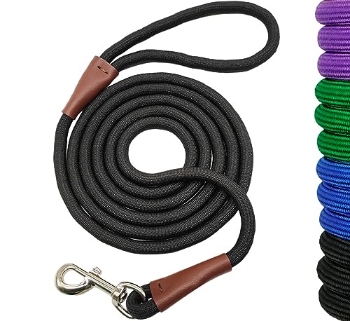 SEPXUFORE 1,8 m / 2,4 m / 3 m Seil-Hundeleine, 1,27 cm starke Nylon-Kletterleine mit Lederverbindung, ideal für mittelgroße und große Hunde (1,27 cm x 1,8 m, Schwarz) von SEPXUFORE