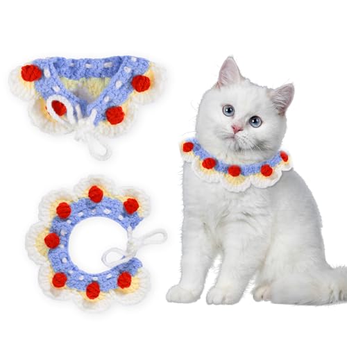 Katzenhalsband, Breakaway, Kätzchen-Halsband, niedliches Katzenhalsband, verstellbar, handgefertigt, gestrickt, bequem für Katze, Kätzchen, kleine Hunde, Welpen (Blumenblau, S) von SETSBO