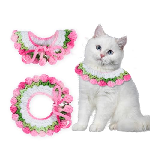 Katzenhalsband, Breakaway, Kätzchen-Halsband, niedliches Katzenhalsband, verstellbar, handgefertigt, gestrickt, bequem für Katze, Kätzchen, kleine Hunde, Welpen (Tulpenrosa, S) von SETSBO