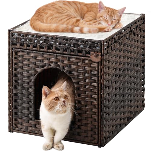 SETVSON Katzenbetten für Indoor Katzen Katzenbett Höhle, Katzenhöhle Doppelkatzenbett, Handgewebte Rattan-Katzenhäuser, großes Katzenbett, Höhle Katzenbett mit doppelseitigen weichen Kissen bedeckt, von SETVSON