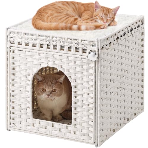 SETVSON Katzenbetten für Indoor Katzen Katzenbett Höhle, Katzenhöhle Doppelkatzenbett, Handgewebte Rattan-Katzenhäuser, großes Katzenbett, Höhle Katzenbett mit doppelseitigen weichen Kissen bedeckt, von SETVSON