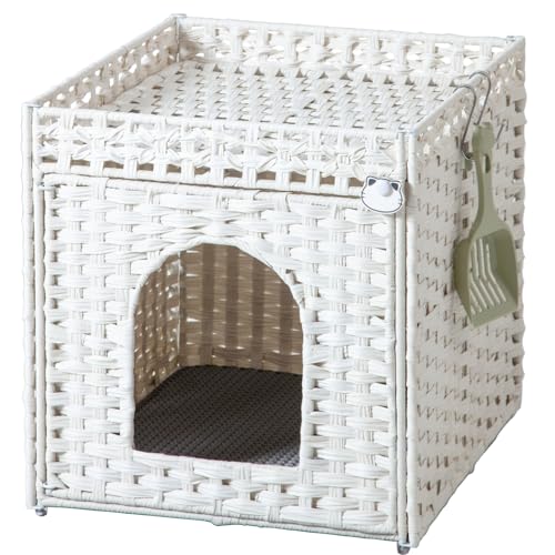 SETVSON Katzentoilette Gehege Möbel, Versteckte Katzentoilette mit Matte und Zaun, Handgewebtes Rattan-Katzenhaus mit zwei S-förmigen Haken für Wohnzimmer, Schlafzimmer, 18,5 x 20,5 x 19,1 Zoll (Weiß von SETVSON