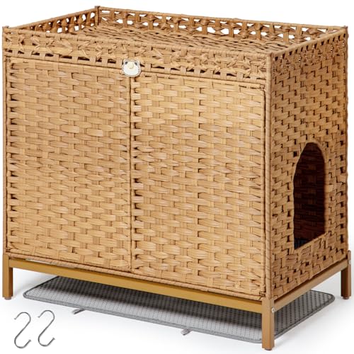 SETVSON Katzentoiletten-Gehäuse, versteckte Katzentoiletten-Möbel mit Katzentoilette, große versteckte Katzentoiletten-Möbel, handgewebtes Rattan-Katzenhaus mit Metallfüßen, 76 x 47 x 71 cm von SETVSON