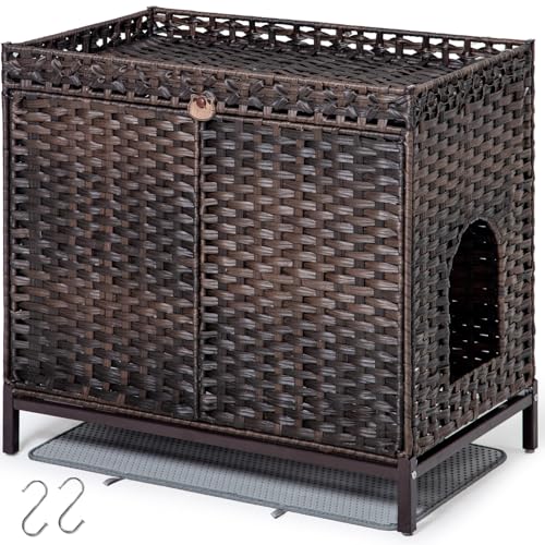 SETVSON Katzentoiletten-Gehäuse, versteckte Katzentoiletten-Möbel mit Katzentoilette, große versteckte Katzentoiletten-Möbel, handgewebtes Rattan-Katzenhaus mit Metallfüßen, 76 x 47 x 71 cm von SETVSON