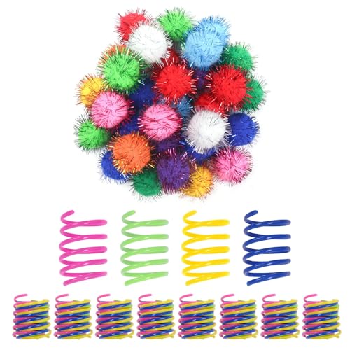 SEVENKA 30 Stück farbige Blitzbälle und 36 Federspielzeuge, 2,8 cm, kleines, weiches Katzenspielzeug, Lametta-Poms, Katzen-Spielzeug, Kunststoff-Spiralfedern für Katzenklatschen, Beißen, Jagen, von SEVENKA