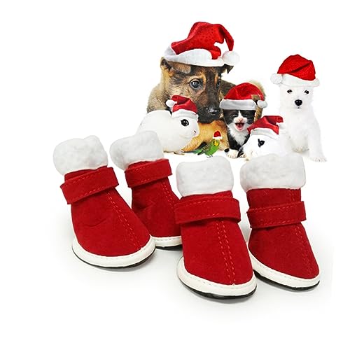 SEWOART Welpenschuhe 4 Stück Weihnachtshundeschuhe rutschfeste Schuhe Haustierzubehör Stiefeletten Winterschuhe Regenstiefel Weihnachten Haustier Hund kurze Stiefel Baumwollstiefel rot von SEWOART