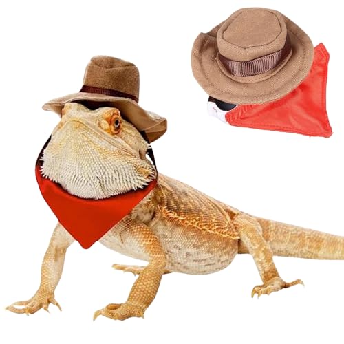 Bartdrache Cowboy-Kostüm, verstellbare Eidechse, Cowboyhut und Bandana-Schal, Reptilien-Halloween-Kostüm, Foto-Requisiten für Gecko, Chamäleon, Amphibien, Frettchen, Hamster (braun) von SEZDEKI