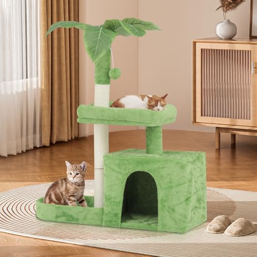 Kratzbaum mit grünen Blättern Katzenturm mit Kratzstämmen, Katzenhaus Condo Sitzstange und Flauschiger Ball Katzenbäume für Indoor-Katzen 81.3 cm, Rasengrün von SFIHOME