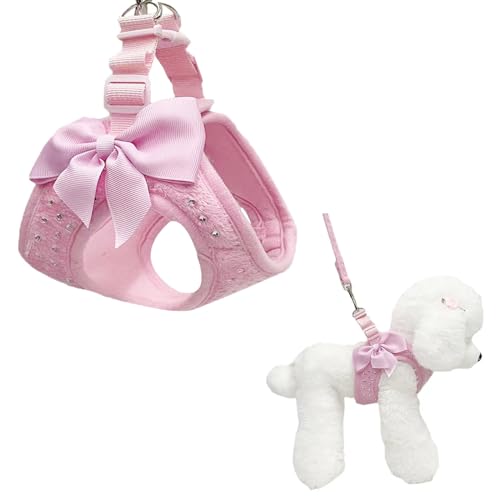 SH-RuiDu Hundegeschirr mit Fliege, rosa Hundegeschirr und Leine, Set Step in Diamond Studded Pet Harness für kleine Hunde Katzen von SH-RuiDu