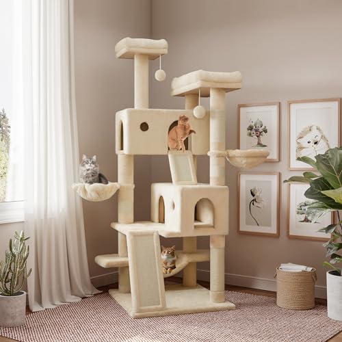 SHA CERLIN 165,1 cm größerer Kratzbaum für Indoor-Katzen, mehrstufiges Möbel-Aktivitätszentrum mit breiter Basis, gemütliche Plüsch-Katzen-Sitzstangen, Körbe, Sisal-Kratzbäume und Hängematte, Beige von SHA CERLIN