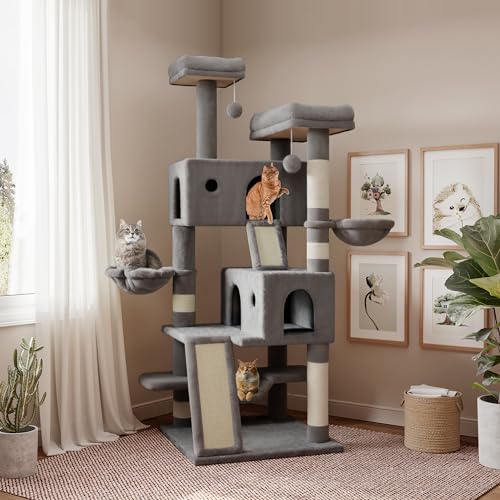 SHA CERLIN 165,1 cm größerer Kratzbaum für Indoor-Katzen, mehrstufiges Möbel-Aktivitätszentrum mit breiter Basis, gemütliche Plüsch-Katzen-Sitzstangen, Körbe, Sisal-Kratzbäume und Hängematte, Grau von SHA CERLIN