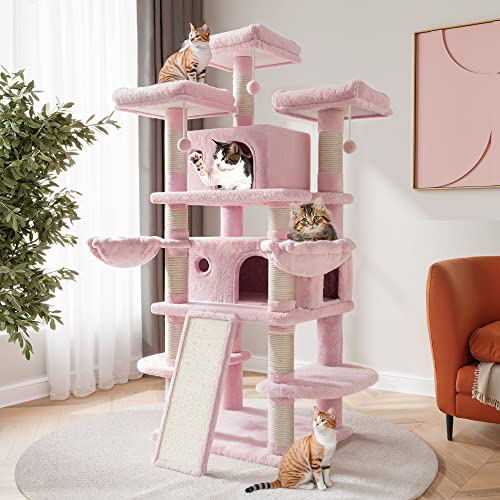 SHA CERLIN 172,4 cm großer Katzenbaum mit mehreren Ebenen für große Katzen/große Katzenturm mit Katzenwohnung/gemütlicher Plüsch-Katzensitzstangen/Sisal-Kratzstämme und Hängematten/Katzen-Spielhaus, rosa Farbe. von SHA CERLIN