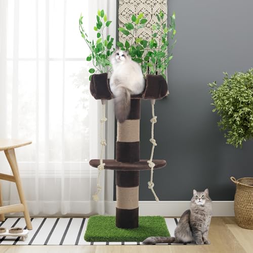 SHA CERLIN 55 Zoll Katzenbaum Turm mit Blättern/Gemütliche Katzen-Sitzstange mit Katzenkratzbaum für Indoor Kätzchen und Erwachsene Katzen/Sisalseil und Simulierter Rasen mit breitem Boden/Braun & von SHA CERLIN