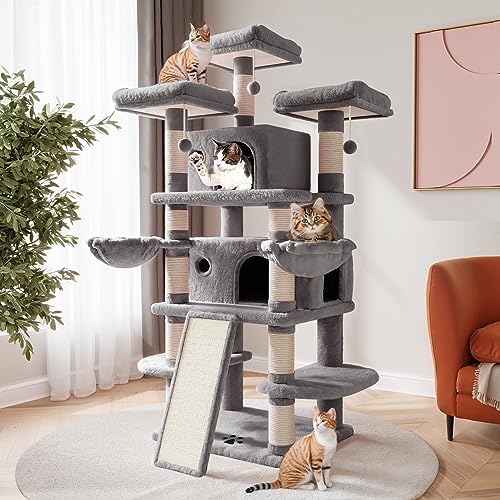 SHA CERLIN 172,7 cm großer Kratzbaum für große Kätzchen/Großkatzenturm mit Höhle/gemütlicher Plüsch, Pussycat Sitzstangen, Sisal-Kratzbäume und Hängematten, Aktivitätszentrum, Grau von SHA CERLIN