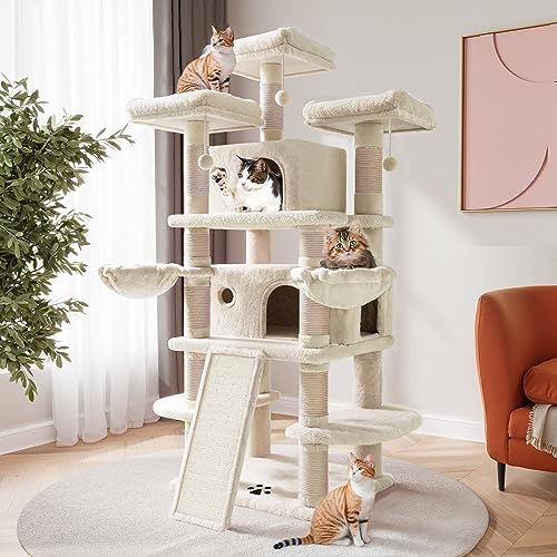 SHA CERLIN Kratzbaum für große Katzen, 172 cm, mehrstufig, groß, mit Katzenhaus/gemütlichen Plüsch-Katzensitzen, Sisal-Kratzbäume und Hängematten, Spielhaus, Beige von SHA CERLIN