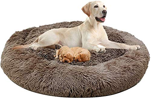 Deluxes Haustierbett im Doughnut, Haustierbett Rund, Plüsch Hundebett, Donut Hundebett Warme Flauschig Weich, Waschbar Schlafen Bett für Katzen Hunde (Dunkelgrau, Braun, Beige- 100/110/120 cm) von SHADOWIN