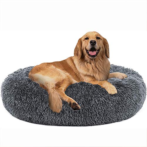 Deluxes Haustierbett im Doughnut, Haustierbett Rund, Plüsch Hundebett, Donut Hundebett Warme Flauschig Weich, Waschbar Schlafen Bett für Katzen Hunde (Dunkelgrau, Braun, Beige- 100/110/120 cm) von SHADOWIN