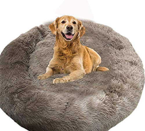 XL Gemütlichem Große Hundebett, XXL Flauschiges Hundebett, Plüsch Rund Katzenkissen, Waschbar Hundekissen, Rutschfest Donut Haustierbett, Weich Dauerhaft Hundebett - Dunkelgrau - Hellgrau - Pink von SHADOWIN