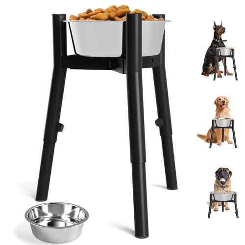 SHAINFUN Erhöhter Hundenapfständer mit Hundenäpfen für mittelgroße und große und extra große Hunde, (1,729 g) Metall, hoch, verstellbar, breit 17,8–27,2 cm, Höhen 24,9–34 cm, runde Rohre, erhöhter von SHAINFUN