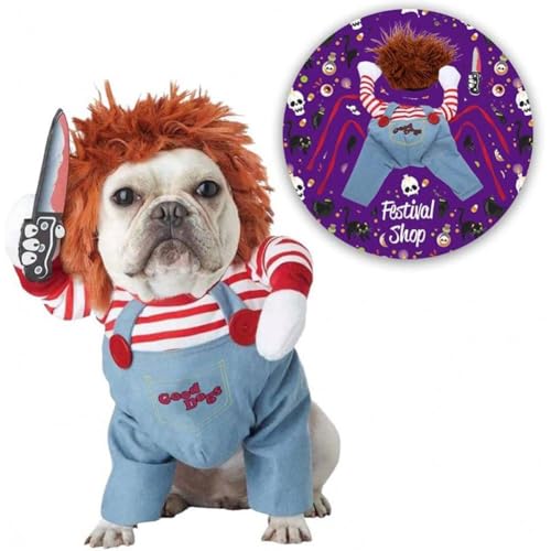 SHANGYU Pet Deadly Doll Dog Costume, Cute Dog Cosplay Halloween Christmas Funny Costume, Cosplay Scary Outfit with Knife Clothes for Dogs for Small Medium Large Dogs Cats Puppy Apparel von SHANGYU